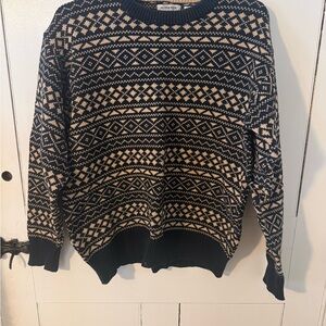 Vintage Men's Sweater with Navy and Cream Fair Isle Knit